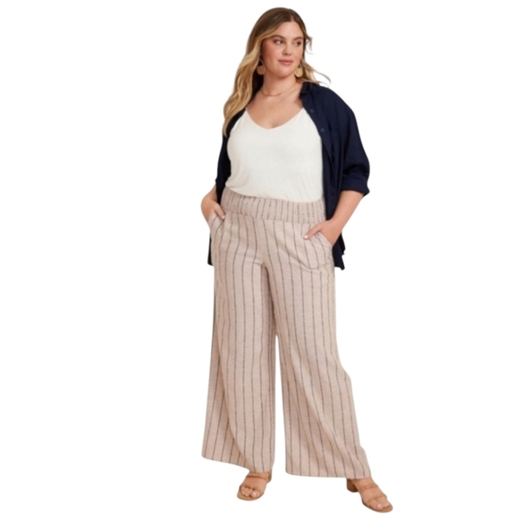 Maurices High-rise Khaki & Gray Pinstriped Palazzo Linen Pants 3X Short NWT - Picture 1 of 6